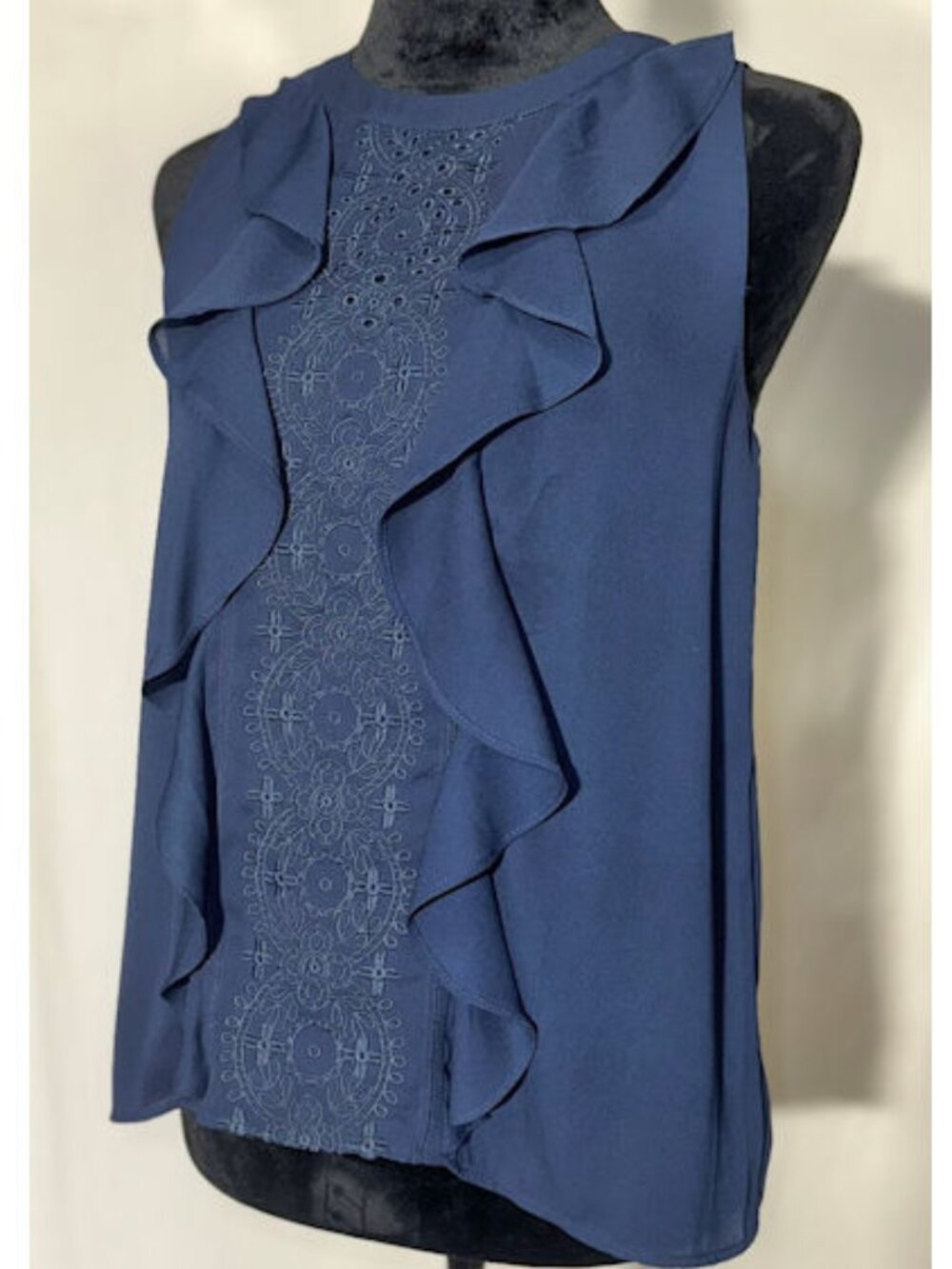 Ann Taylor Factory Sleeveless Ruffled Navy Top, Small